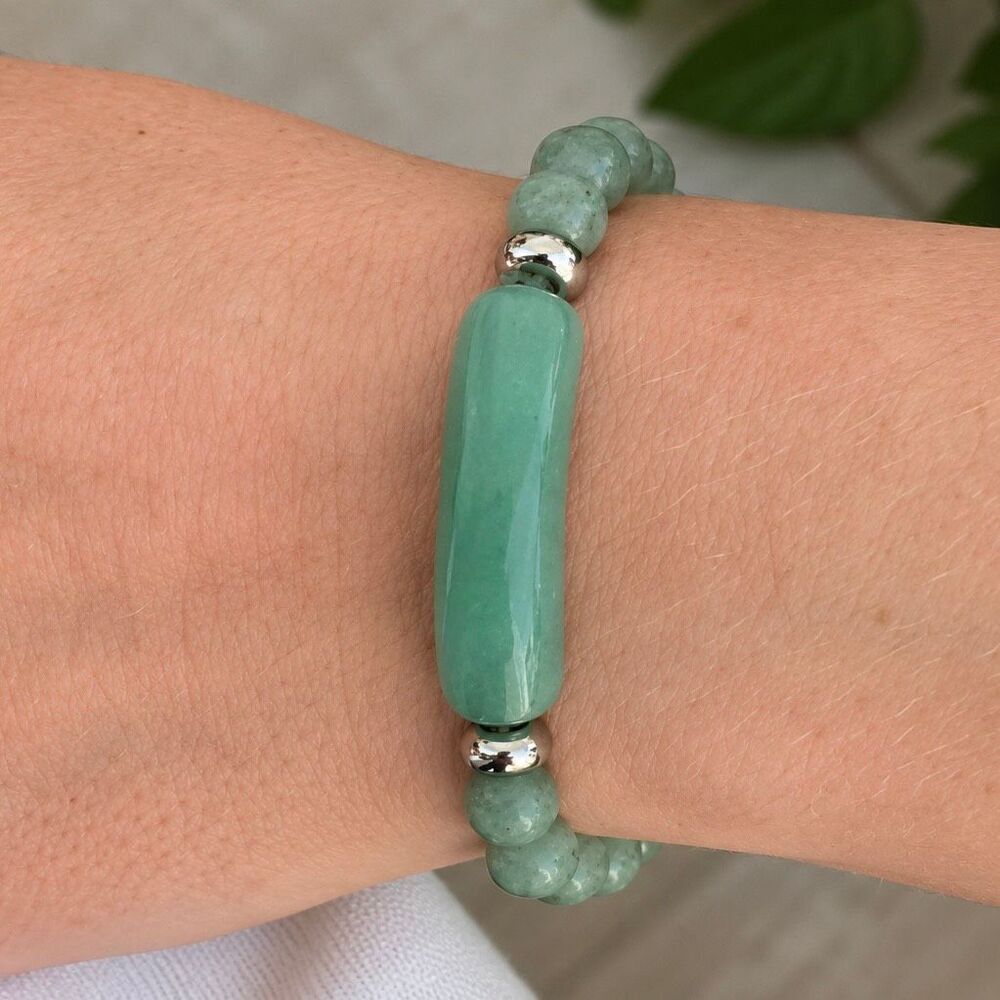Green Beaded Stretch Bracelet, Faux Aventurine